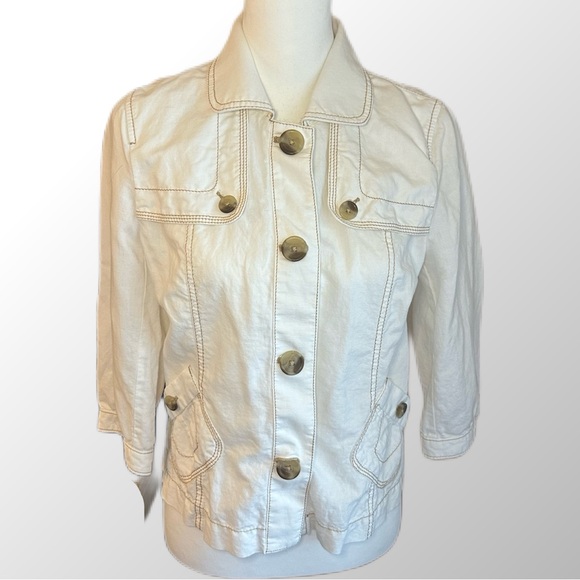 LOFT Jackets & Blazers - LOFT Safari Jacket Size MP Cream Linen Blend Button Front and Button Details